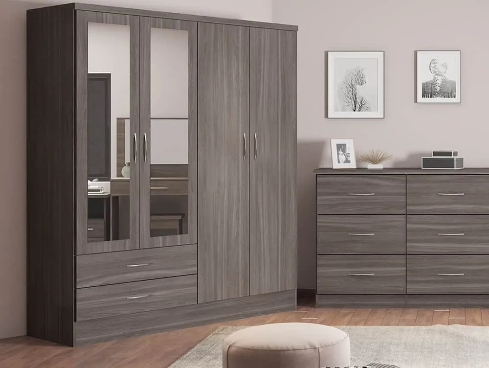 Seconique Seconique Nevada Black 4 Door 2 Drawer Mirrored Wardrobe