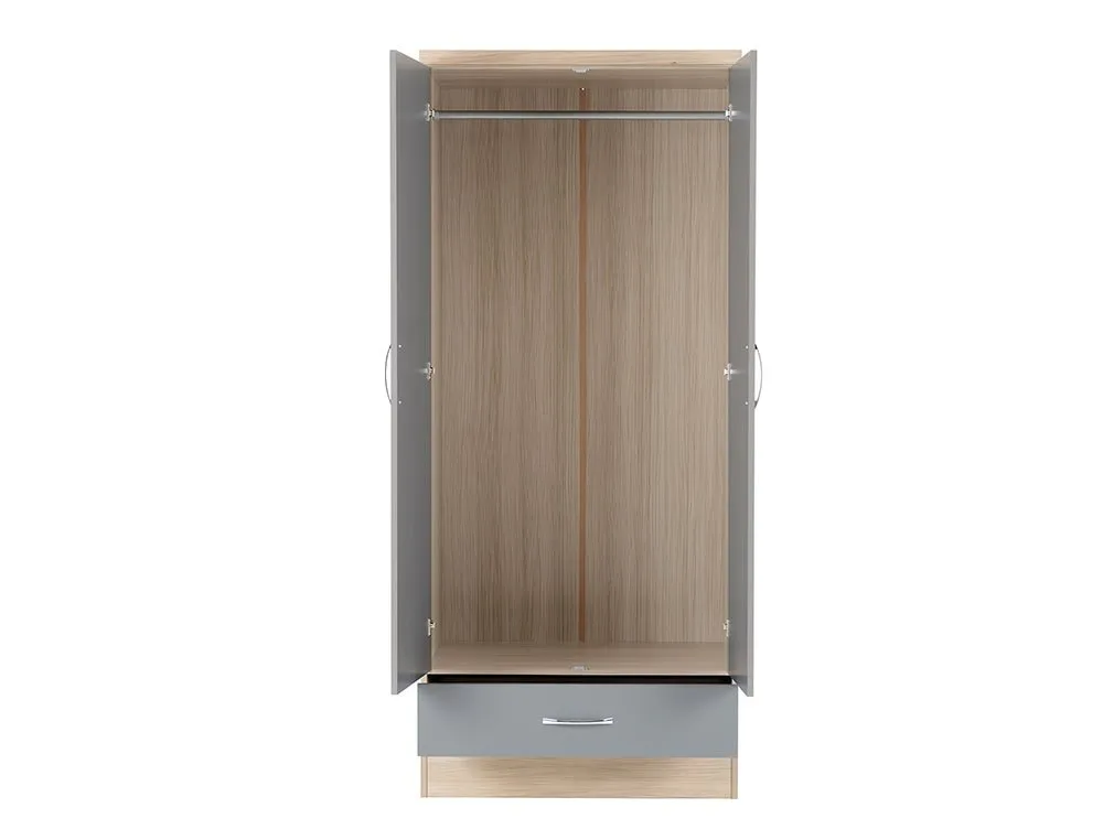 Seconique Seconique Nevada Grey Gloss and Oak 2 Door 1 Drawer Wardrobe