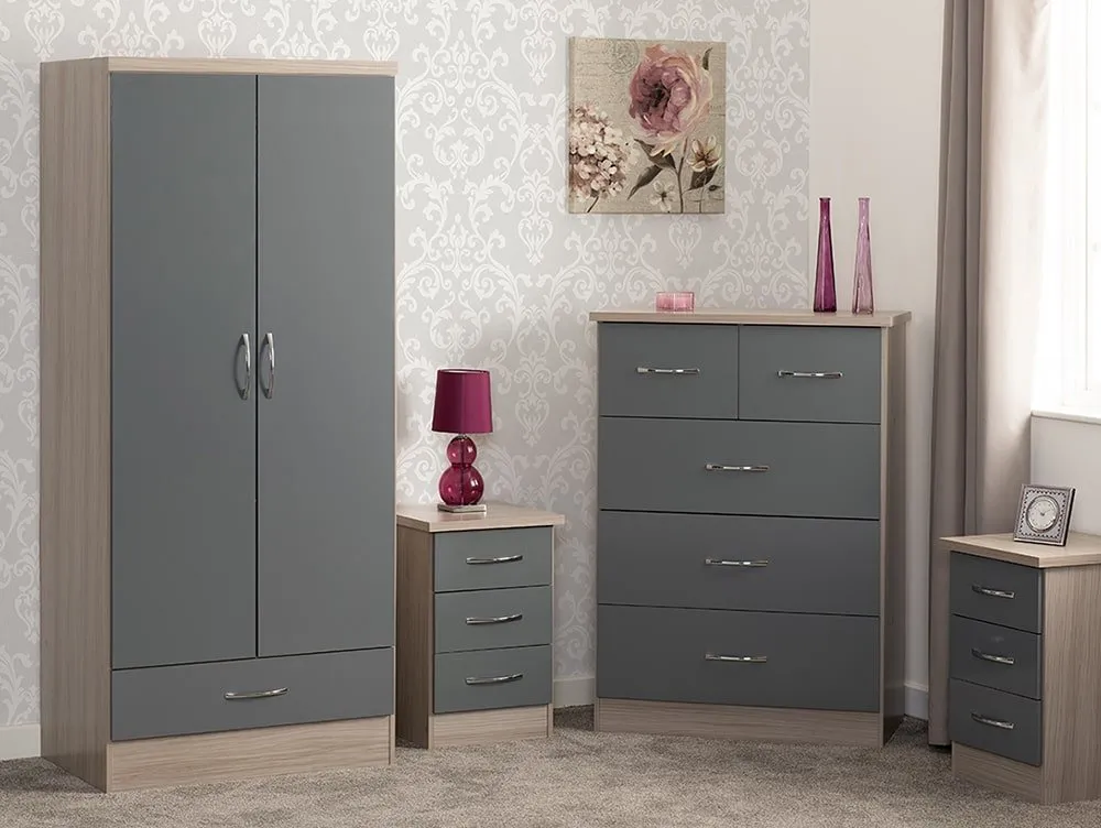 Seconique Seconique Nevada Grey Gloss and Oak 2 Door 1 Drawer Wardrobe