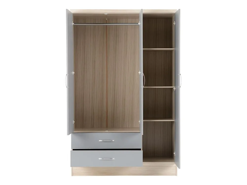 Seconique Seconique Nevada Grey Gloss and Oak 3 Door 2 Drawer Mirrored Wardrobe