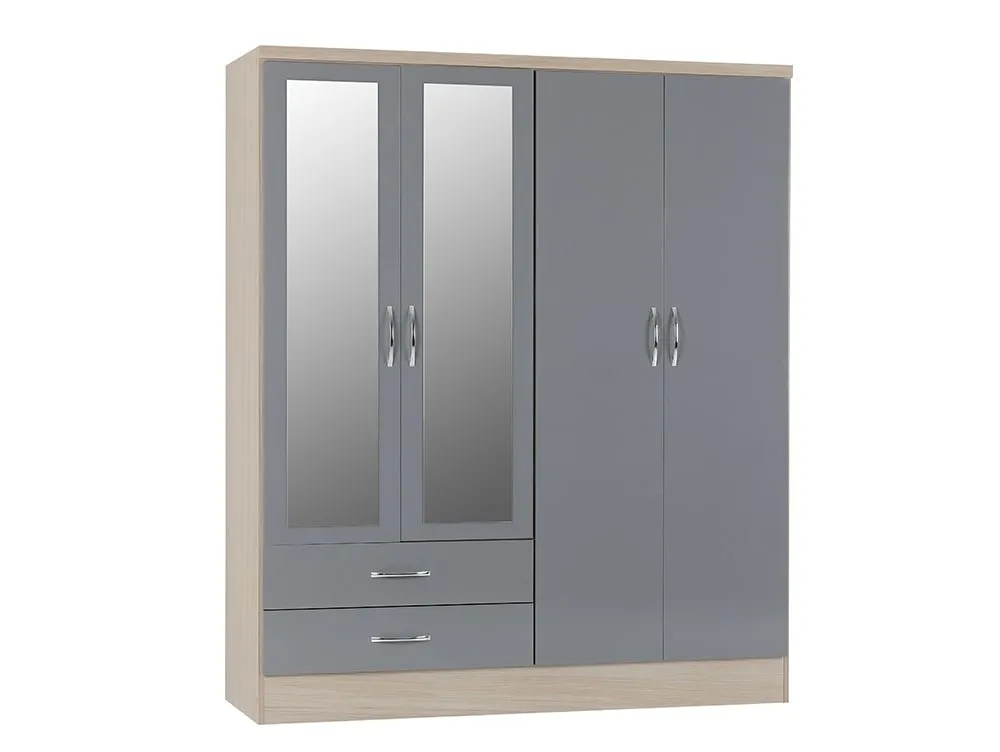 Seconique Seconique Nevada Grey Gloss and Oak 4 Door 2 Drawer Mirrored Wardrobe