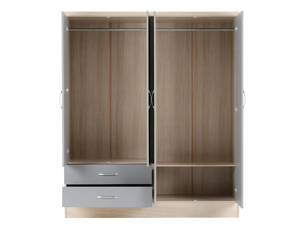 Seconique Seconique Nevada Grey Gloss and Oak 4 Door 2 Drawer Mirrored Wardrobe