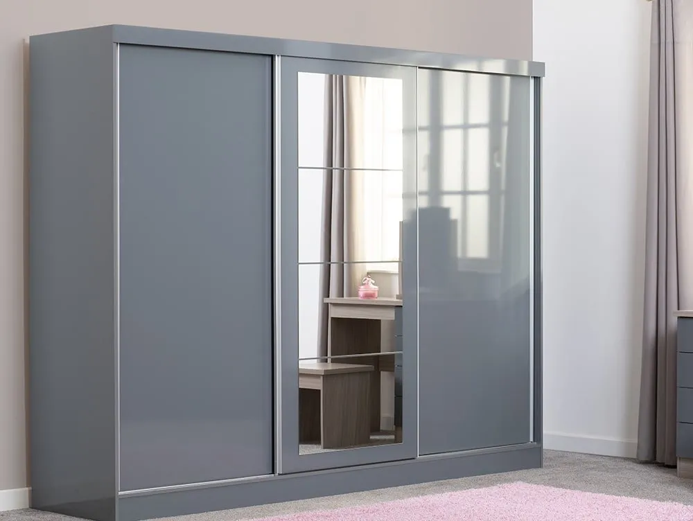 Seconique Seconique Nevada Grey High Gloss Sliding Mirrored Triple Wardrobe