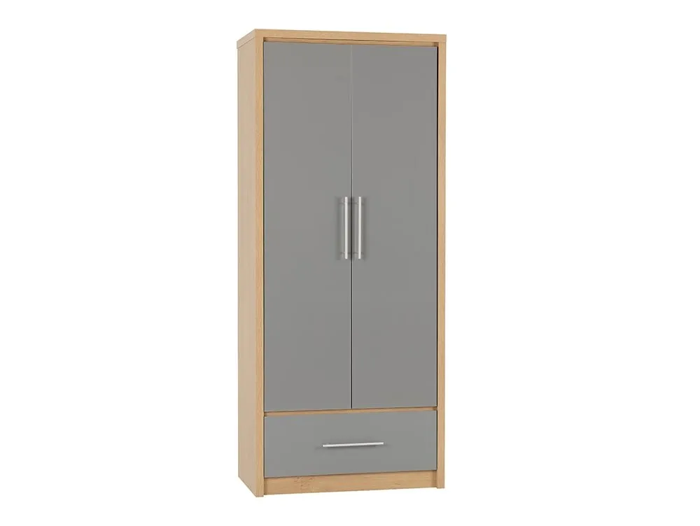 Seconique Seconique Seville Grey High Gloss and Oak 2 Door 1 Drawer Wardrobe