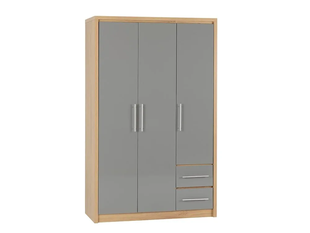 Seconique Seconique Seville Grey High Gloss and Oak 3 Door 2 Drawer Wardrobe