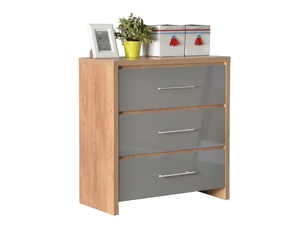 Seconique Seconique Seville Grey High Gloss and Oak 3 Drawer Chest of Drawers