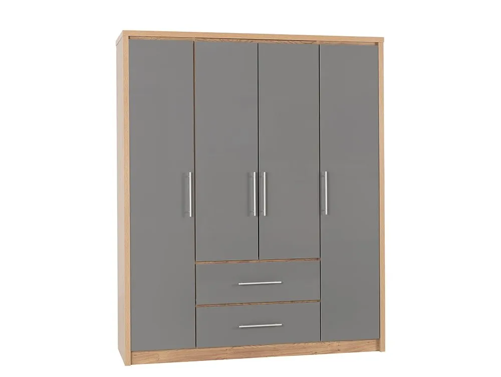 Seconique Seconique Seville Grey High Gloss and Oak 4 Door 2 Drawer Wardrobe