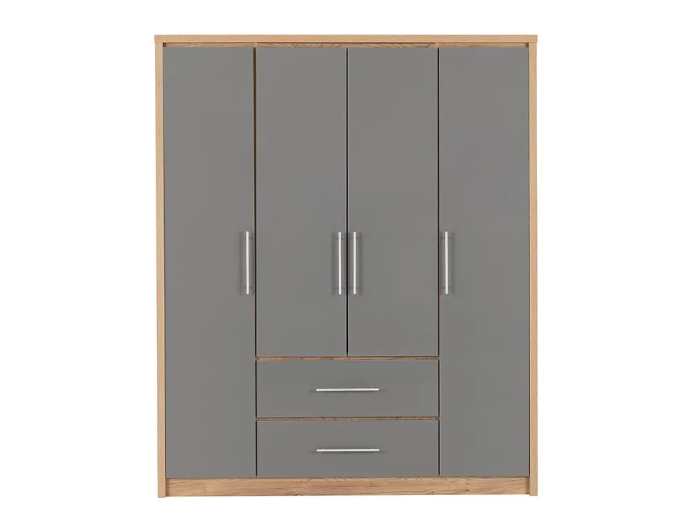 Seconique Seconique Seville Grey High Gloss and Oak 4 Door 2 Drawer Wardrobe