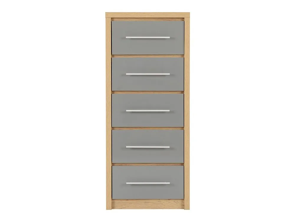 Seconique Seconique Seville Grey High Gloss and Oak 5 Drawer Tall Narrow Chest