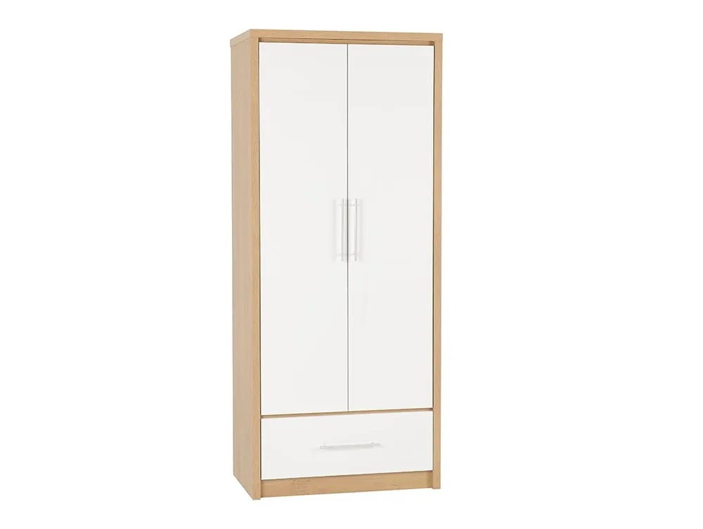 Seconique Seconique Seville White High Gloss and Oak 2 Door 1 Drawer Wardrobe