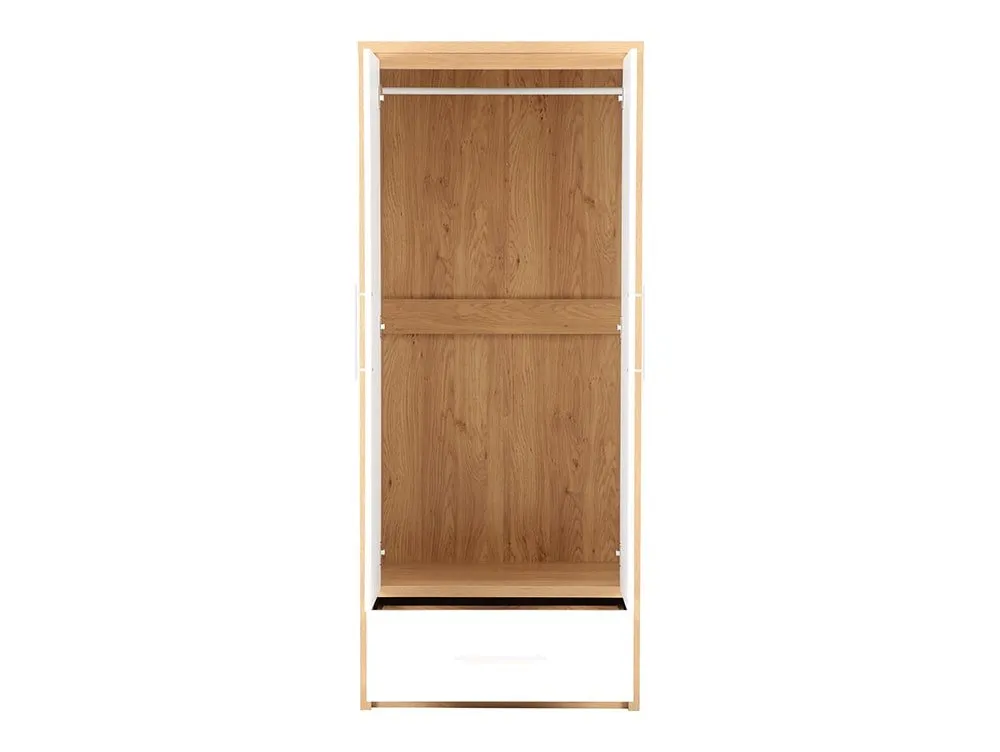 Seconique Seconique Seville White High Gloss and Oak 2 Door 1 Drawer Wardrobe