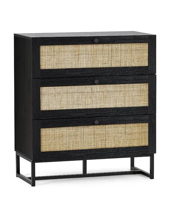 Julian Bowen Julian Bowen Padstow Black and Rattan 3 Drawer Chest of Drawers