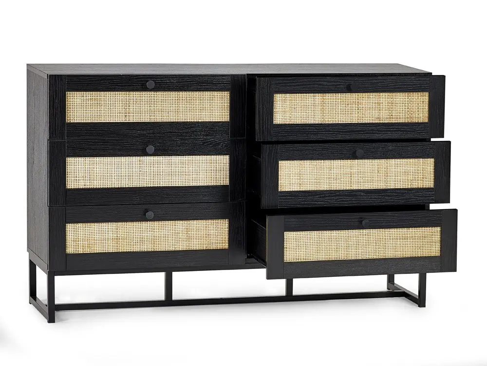 Julian Bowen Julian Bowen Padstow Black and Rattan 6 Drawer Chest of Drawers