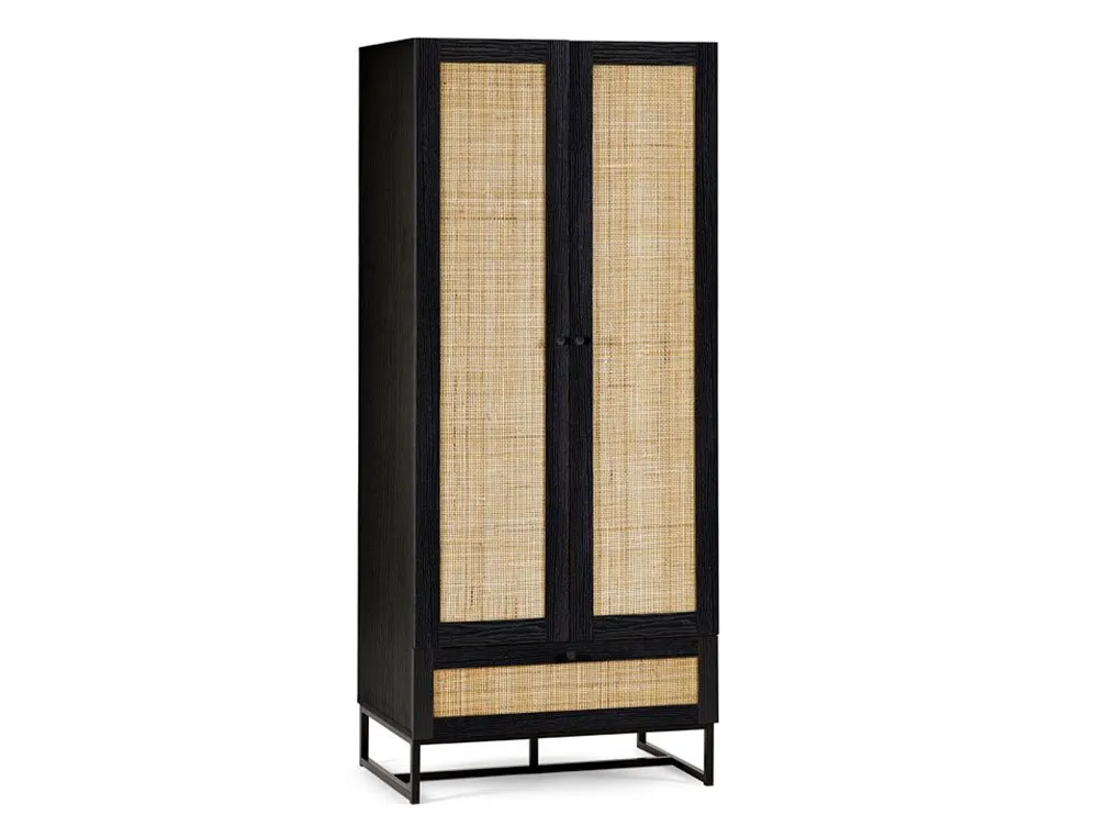 Julian Bowen Julian Bowen Padstow Black and Rattan 2 Door 1 Drawer Wardrobe