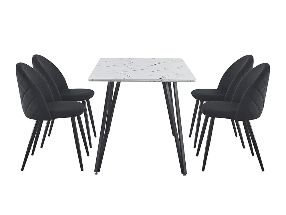 Seconique Seconique Marlow White Marble Effect Dining Table and 4 Black Velvet Chairs