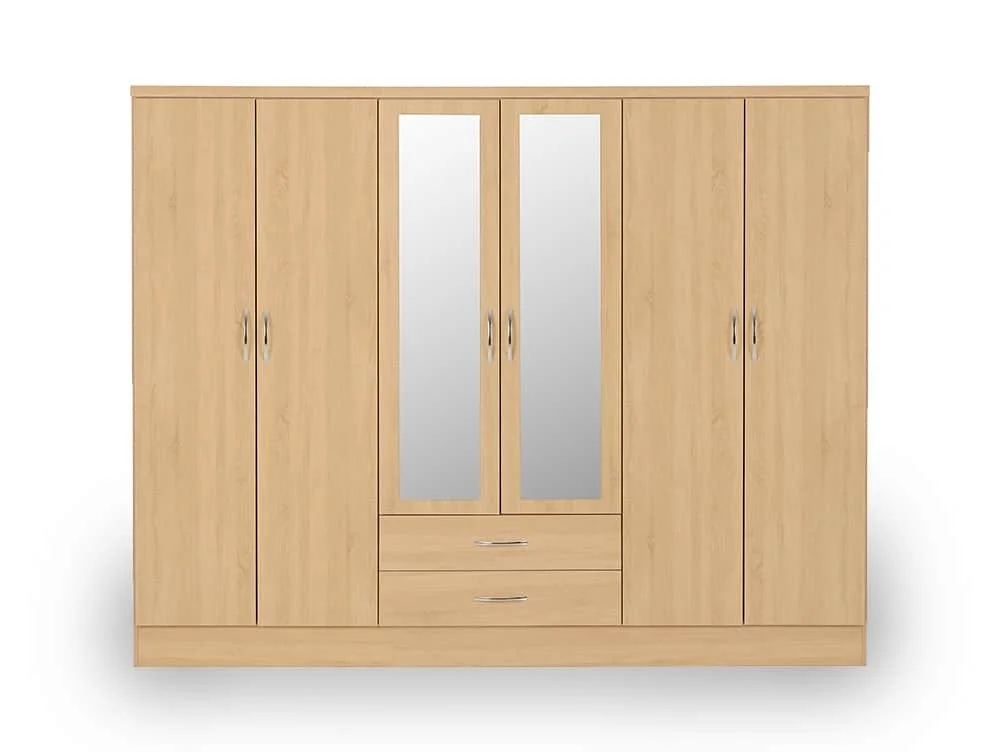 Seconique Seconique Nevada Sonoma Oak 6 Door 2 Drawer Mirrored Wardrobe