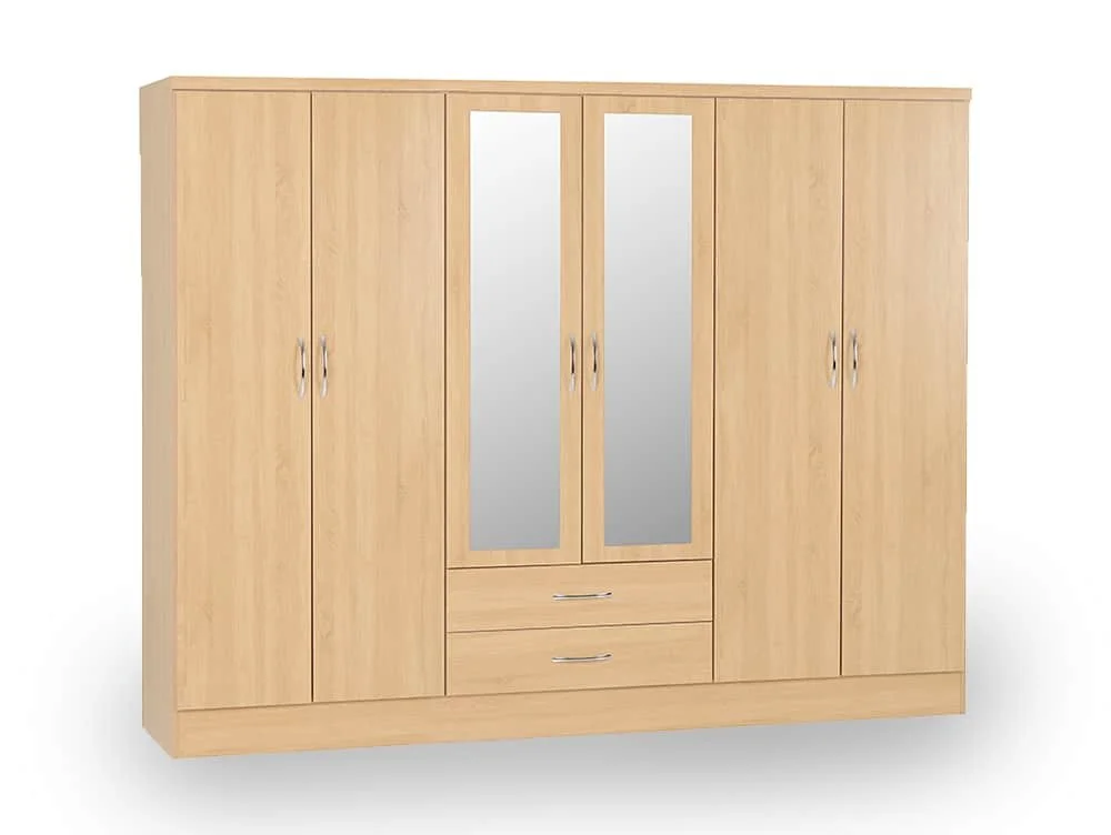 Seconique Seconique Nevada Sonoma Oak 6 Door 2 Drawer Mirrored Wardrobe