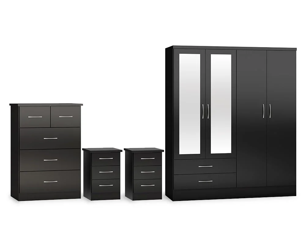 Seconique Seconique Nevada Black High Gloss 4 Piece Large Bedroom Furniture Package