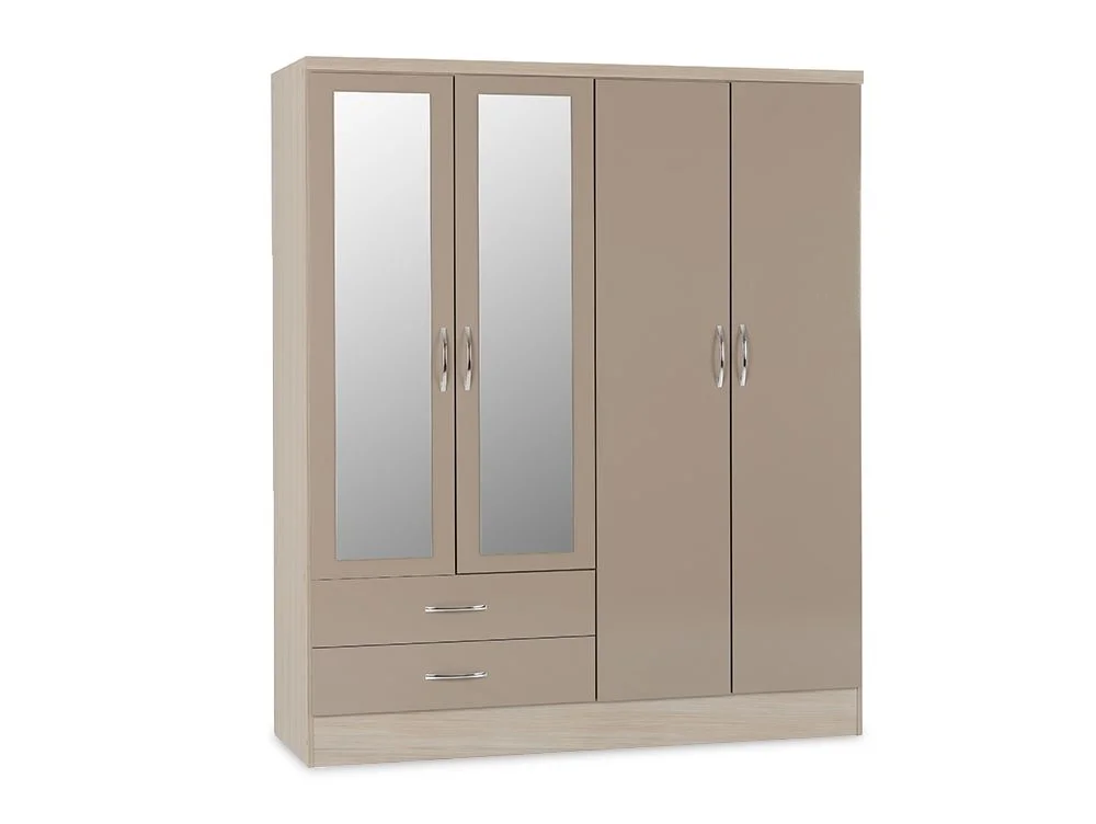 Seconique Seconique Nevada Oyster Gloss and Oak 4 Door 2 Drawer Mirrored Wardrobe