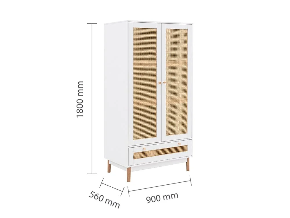 Birlea Furniture & Beds Birlea Croxley Rattan and White 2 Door 1 Drawer Wardrobe