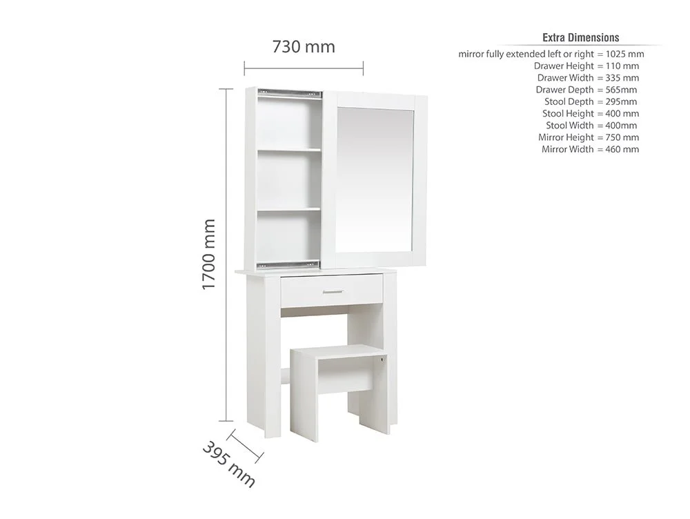 Birlea Furniture & Beds Birlea Evelyn White 1 Drawer Storage Dressing Table and Stool