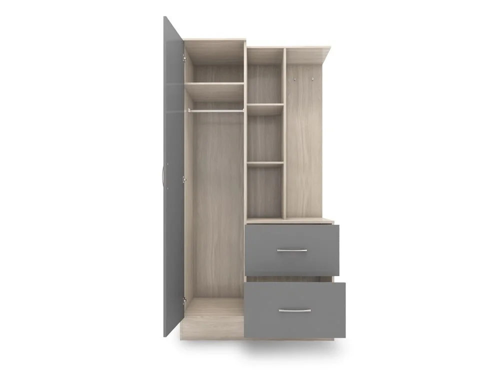 Seconique Seconique Nevada Grey Gloss and Oak 1 Door 2 Drawer Mirrored Shelving Wardrobe