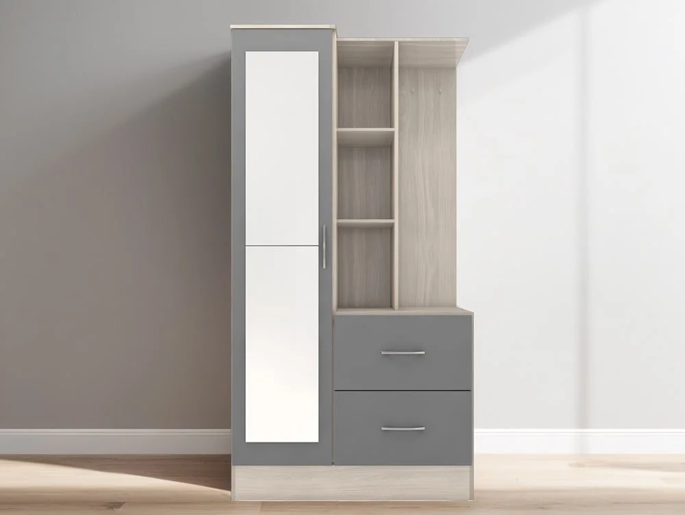 Seconique Seconique Nevada Grey Gloss and Oak 1 Door 2 Drawer Mirrored Shelving Wardrobe