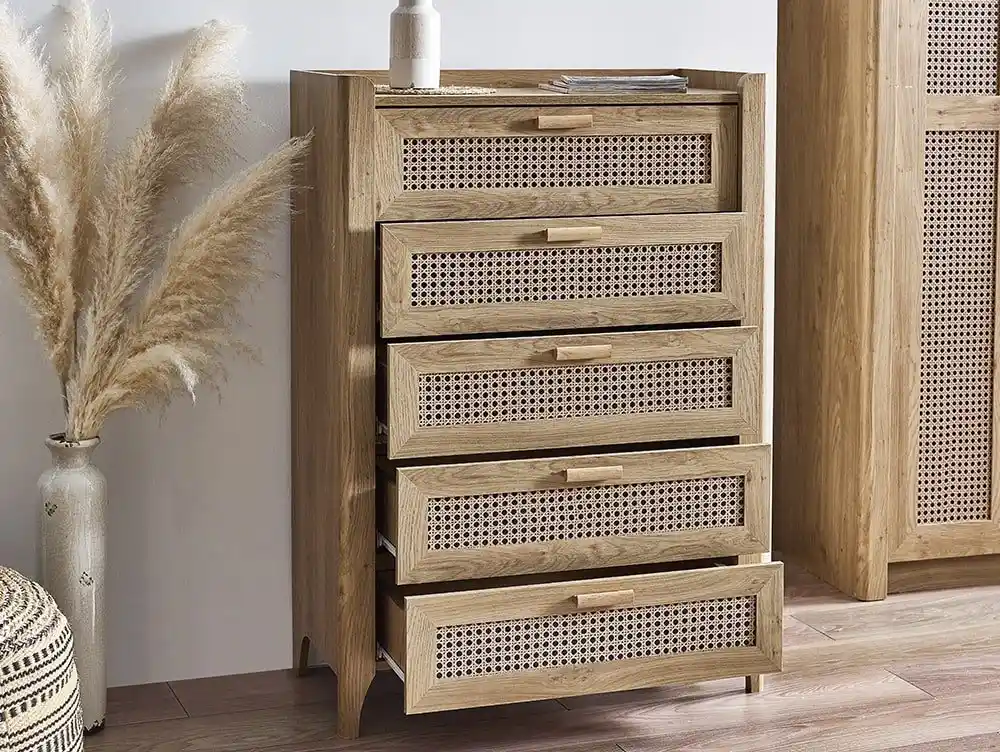 Julian Bowen Julian Bowen Sydney Oak and Rattan Effect 5 Drawer Chest of Drawers