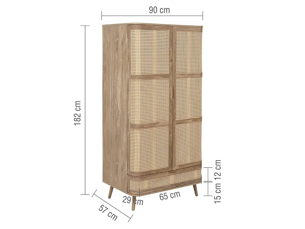 Birlea Furniture & Beds Birlea Noah Rattan and Oak 2 Door 1 Drawer Wardrobe