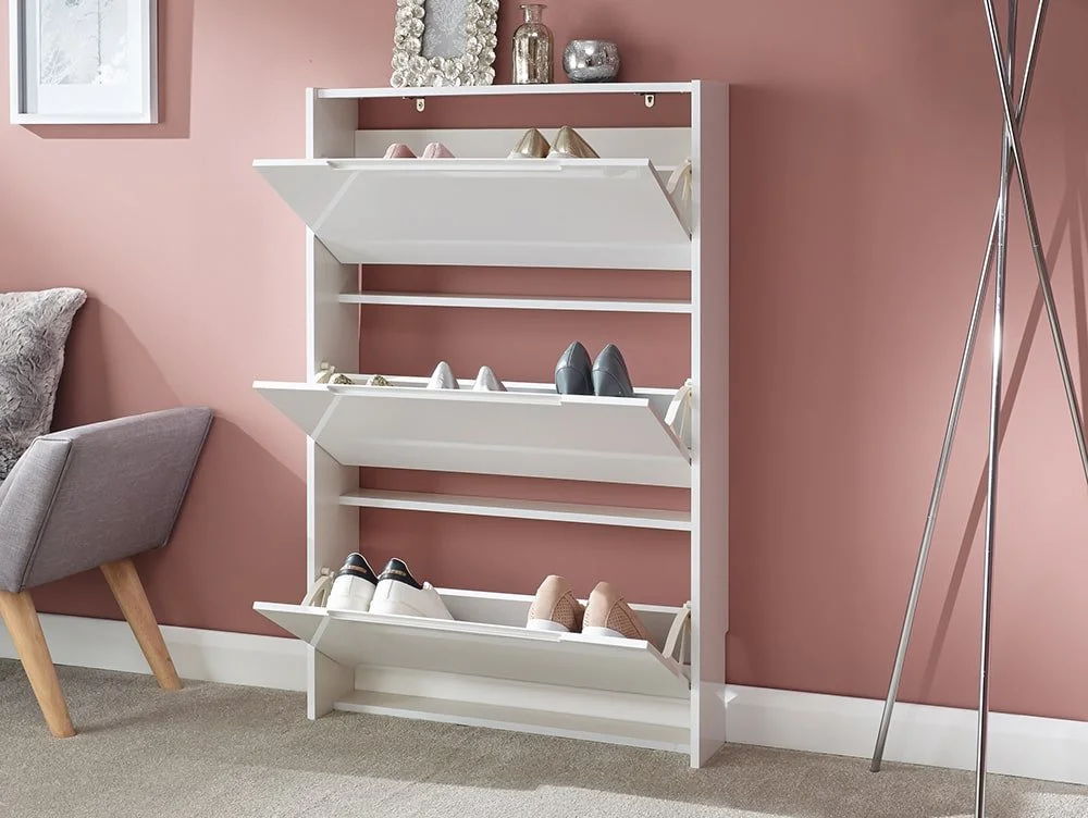 GFW GFW Sapporo White High Gloss 3 Tier Narrow Shoe Cabinet