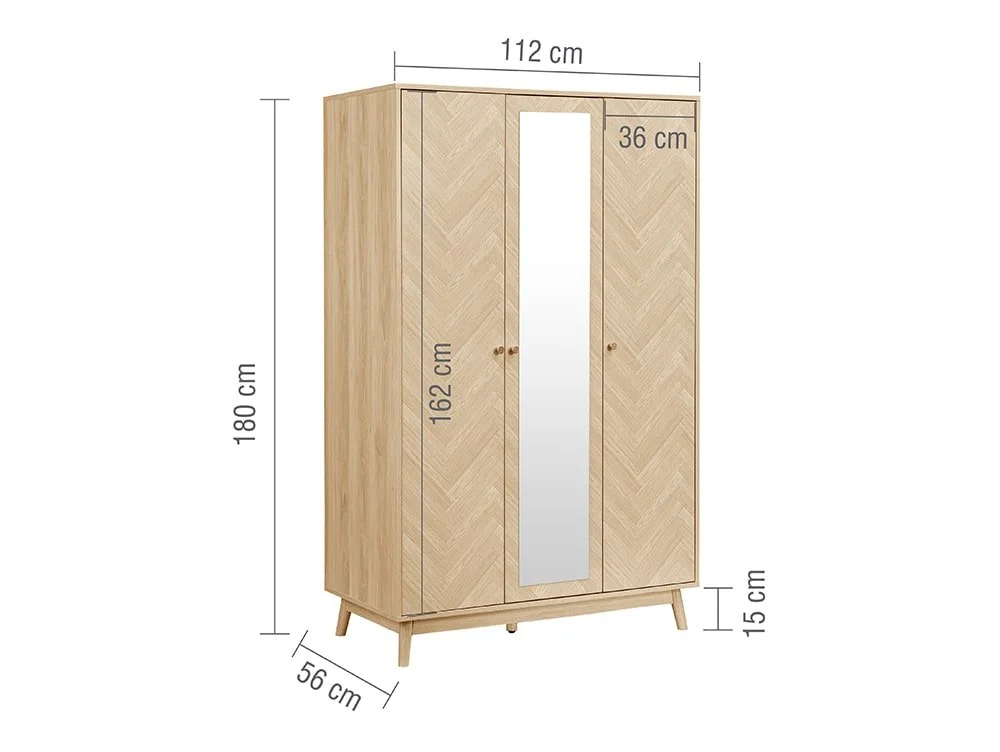 Birlea Furniture & Beds Birlea Herringford Light Oak 3 Door Mirrored Wardrobe