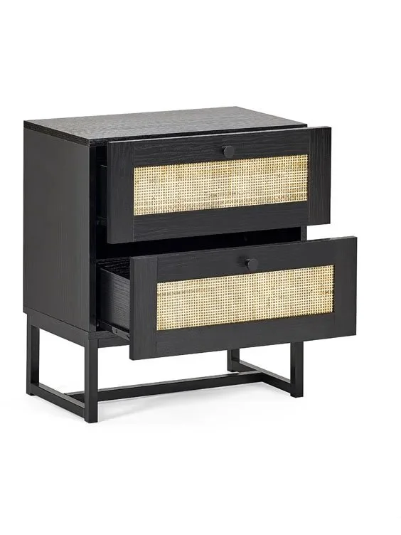 Julian Bowen Clearance - Julian Bowen Padstow Black and Rattan 2 Drawer Bedside Table