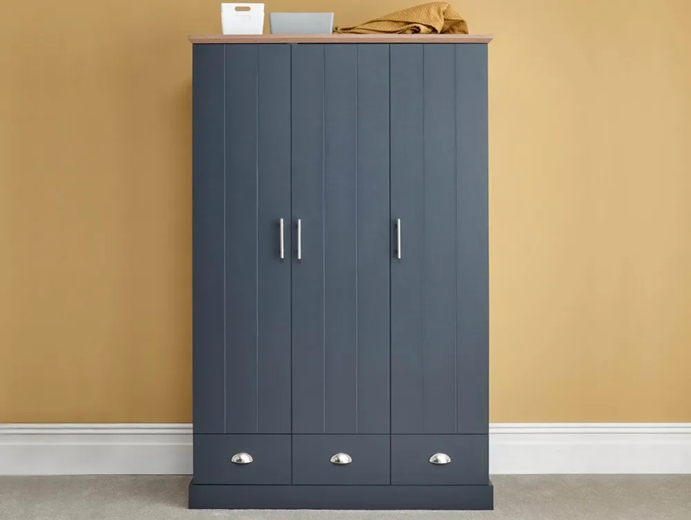 GFW Clearance - GFW Kendal Slate Blue and Oak 3 Door 3 Drawer Triple Wardrobe