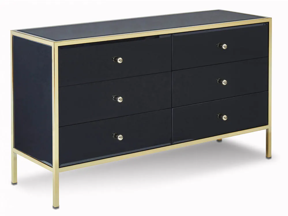 Birlea Furniture & Beds Birlea Fenwick Black Glass and Gold 6 Drawer Chest of Drawers (Assembled)