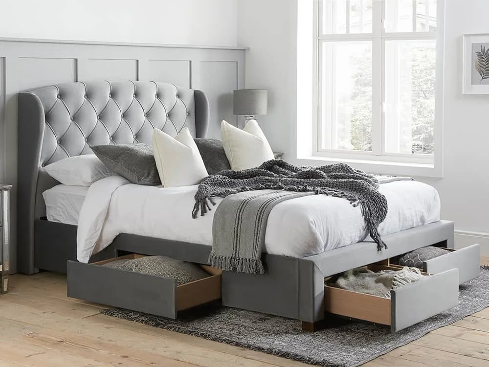 Birlea Furniture & Beds Birlea Hope 4ft6 Double Grey Velvet Fabric 4 Drawer Bed Frame