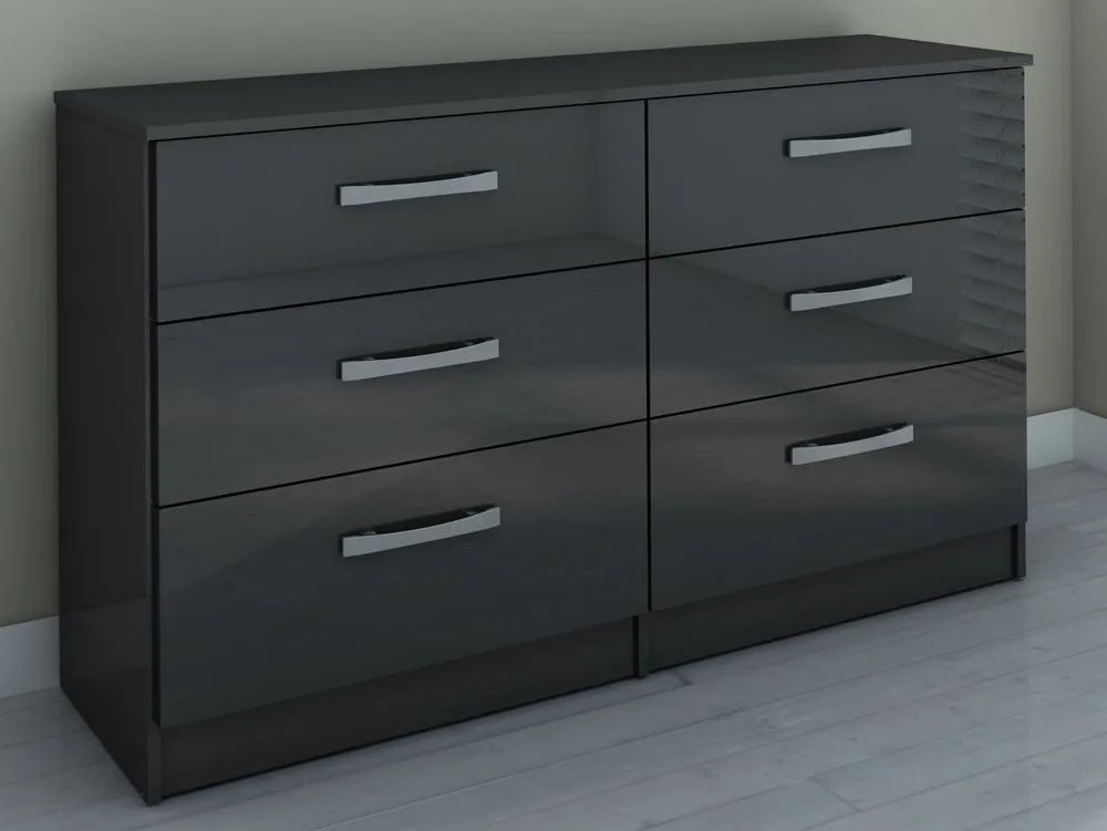 Birlea Furniture & Beds Birlea Lynx Black High Gloss 6 Drawer Chest of Drawers