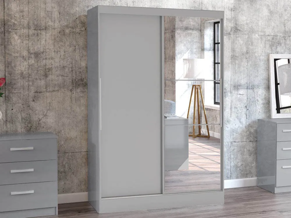 Birlea Furniture & Beds Birlea Lynx Grey High Gloss Sliding Door Mirrored Large Double Wardrobe