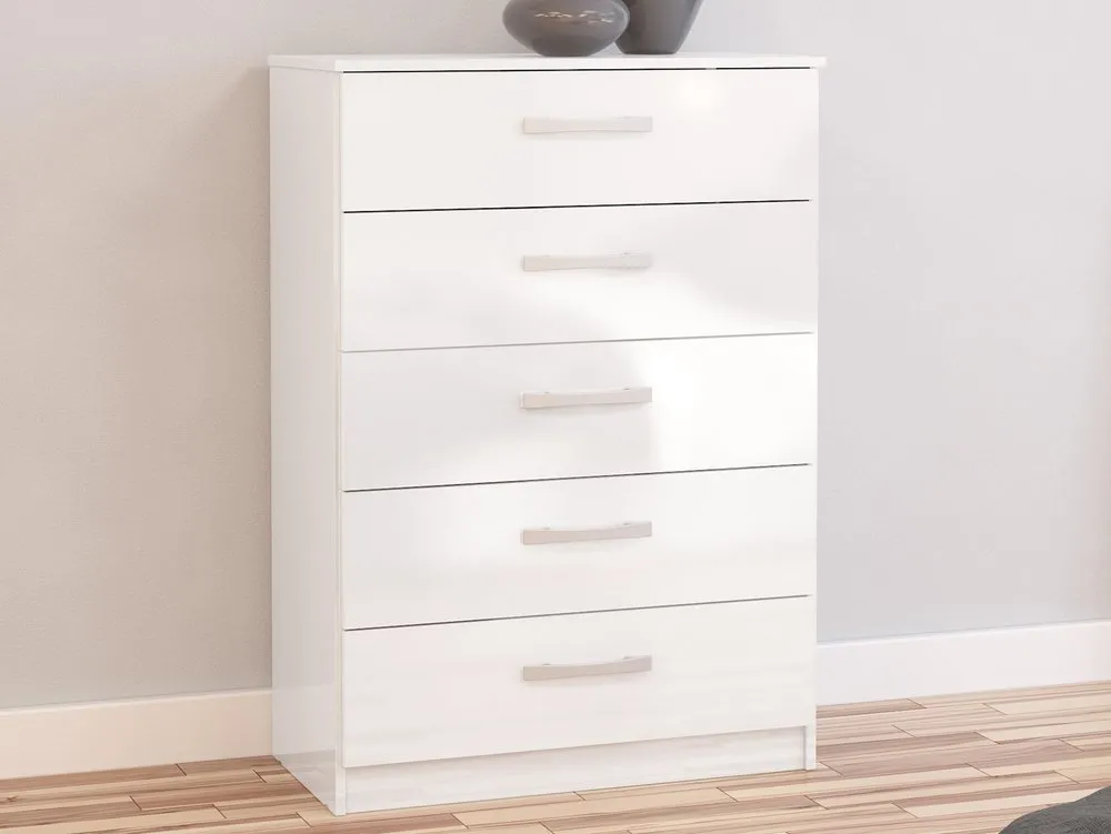 Birlea Furniture & Beds Birlea Lynx White High Gloss 5 Drawer Chest of Drawers