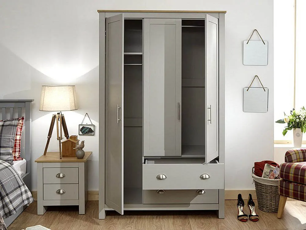 GFW GFW Lancaster Grey and Oak 3 Door 2 Drawer Wardrobe