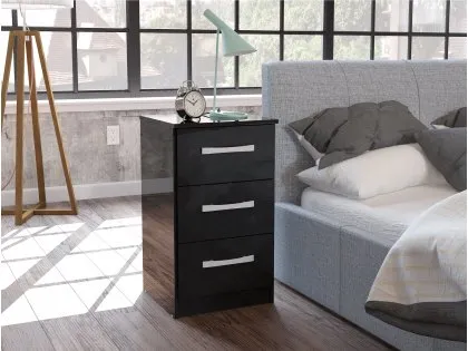 Birlea Lynx Black High Gloss 3 Drawer Bedside Cabinet Birlea Lynx Black High Gloss 3 Drawer Bedside Cabinet