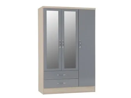 Seconique Nevada Grey Gloss and Oak 3 Door 2 Drawer Mirrored Wardrobe Seconique Nevada Grey Gloss and Oak 3 Door 2 Drawer Mirrored Wardrobe