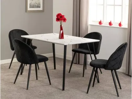 Seconique Marlow White Marble Effect Dining Table and 4 Black Velvet Chairs Seconique Marlow White Marble Effect Dining Table and 4 Black Velvet Chairs