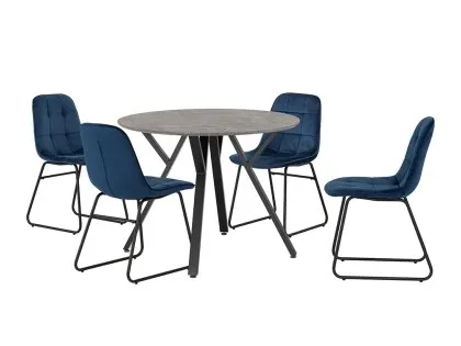 Seconique Athens Concrete Effect Round Dining Table with 4 Lukas Blue Velvet Chairs Seconique Athens Concrete Effect Round Dining Table with 4 Lukas Blue Velvet Chairs