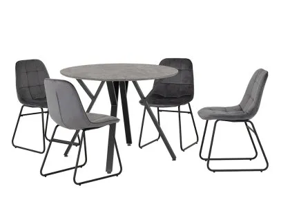 Seconique Athens Concrete Effect Round Dining Table with 4 Lukas Grey Velvet Chairs Seconique Athens Concrete Effect Round Dining Table with 4 Lukas Grey Velvet Chairs