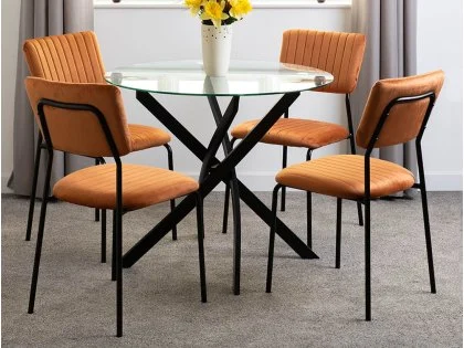 Seconique Sheldon Glass and Black Dining Table and 4 Orange Velvet Chairs Seconique Sheldon Glass and Black Dining Table and 4 Orange Velvet Chairs