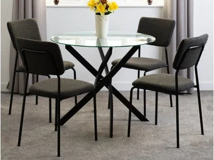 Seconique Sheldon Glass and Black Dining Table and 4 Grey Boucle Fabric Chairs Seconique Sheldon Glass and Black Dining Table and 4 Grey Boucle Fabric Chairs