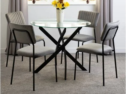 Seconique Sheldon Glass and Black Dining Table and 4 Grey Velvet Chairs Seconique Sheldon Glass and Black Dining Table and 4 Grey Velvet Chairs