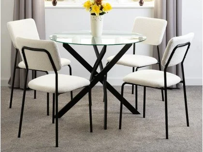 Seconique Sheldon Glass and Black Dining Table and 4 Ivory Boucle Fabric Chairs Seconique Sheldon Glass and Black Dining Table and 4 Ivory Boucle Fabric Chairs