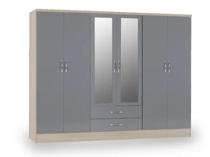 Seconique Nevada Grey Gloss and Oak 6 Door 2 Drawer Mirrored Wardrobe Seconique Nevada Grey Gloss and Oak 6 Door 2 Drawer Mirrored Wardrobe