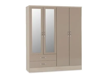 Seconique Nevada Oyster Gloss and Oak 4 Door 2 Drawer Mirrored Wardrobe Seconique Nevada Oyster Gloss and Oak 4 Door 2 Drawer Mirrored Wardrobe